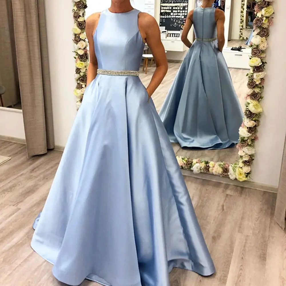 

A-line Prom Gowns Long Satin Party Dress for Graduation Formal Evening Dresses for Women with Pockets Beading Gowns