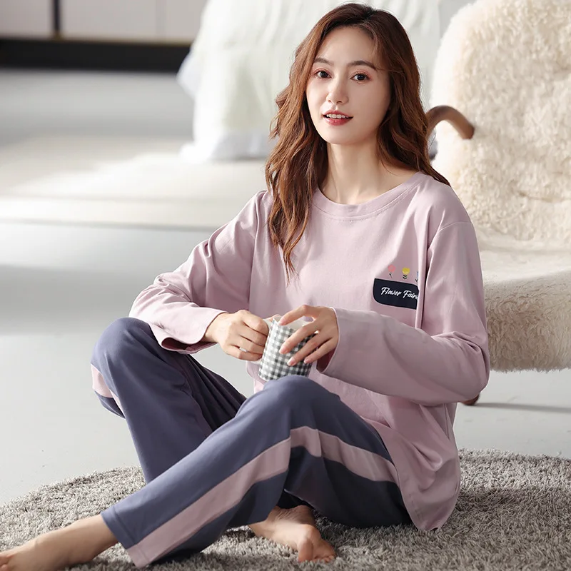 Fdfklak Casual Women's Pajamas Set New Cotton Nightwear Long Sleeve Pant Home Suit Comfortable Sleepwear Pijamas Femme Homewear