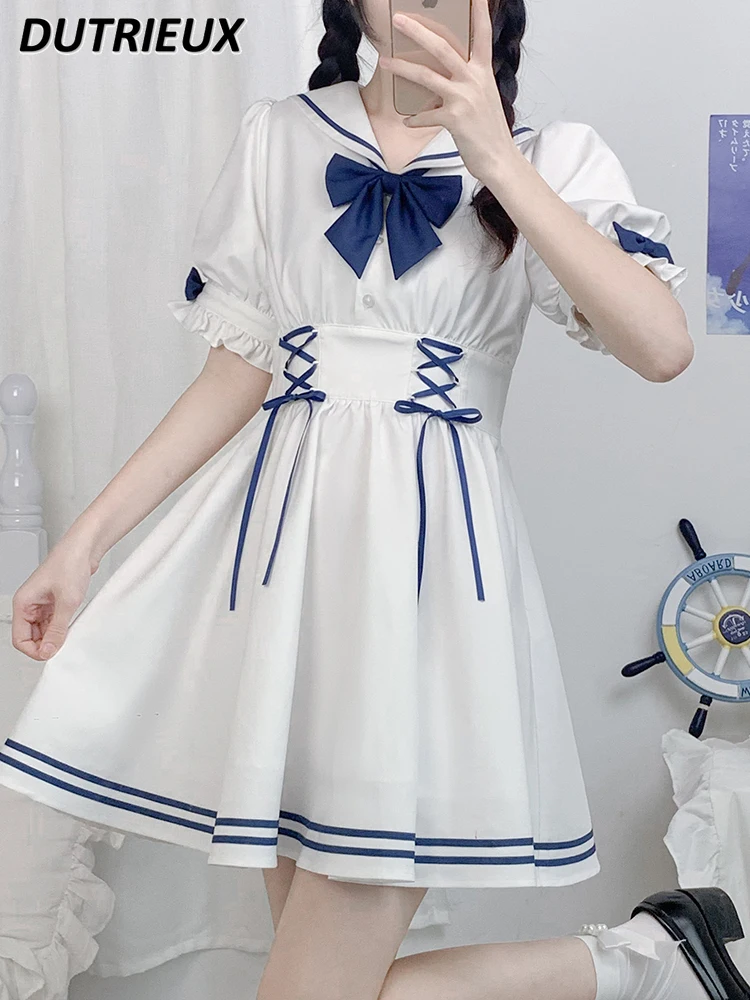 

Короткое платье на шнуровке с воротником-лодочкой, летнее платье с длинным рукавом, милый однотонный милый Морской стиль в стиле преппи