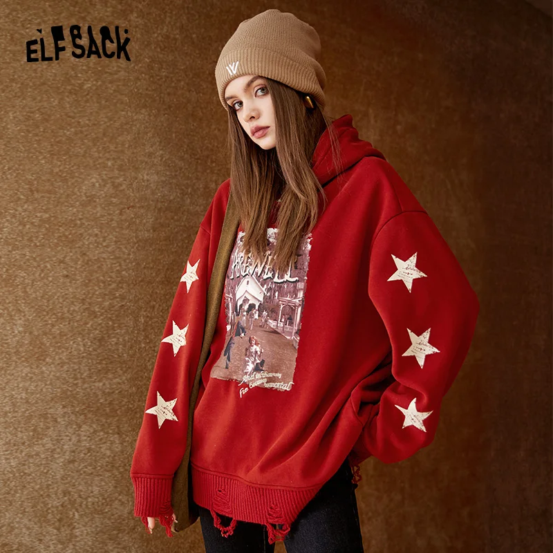 ELFSACK Red Fleece Warm Hoodies Women 2022 Autumn/Winter Long Sleeve Loose Sweatshirt