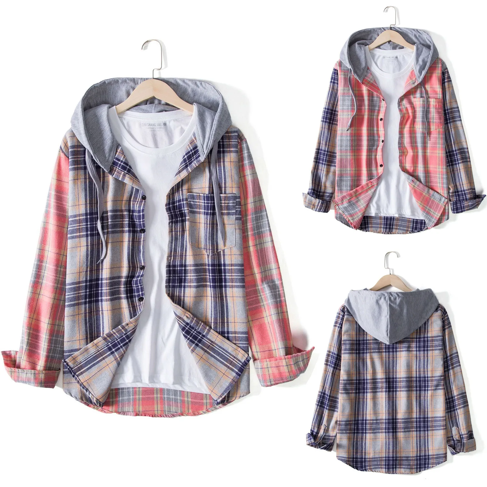 

Men's Casual Plaid Print Shirt Long Sleeve Single Breasted Hooded Shirt Floral Blouse