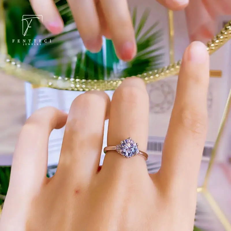 FENTTECI 925 Sterling Silver D Color Moissanite Rose Shape Red Diamond Ring True Love Wedding Proposal Ring for Women Jewelry