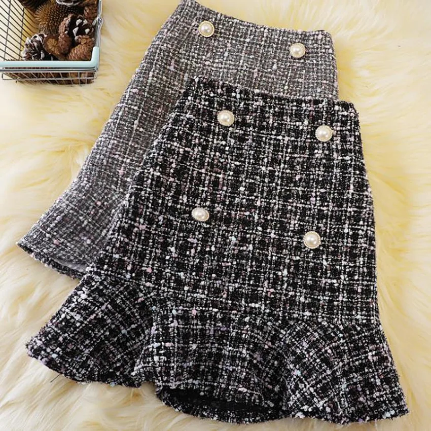 

Женская твидовая юбка с высокой талией, винтажная Клетчатая Шерстяная мини-юбка трапециевидной формы с оборками, маленький аромат, Осень-зима