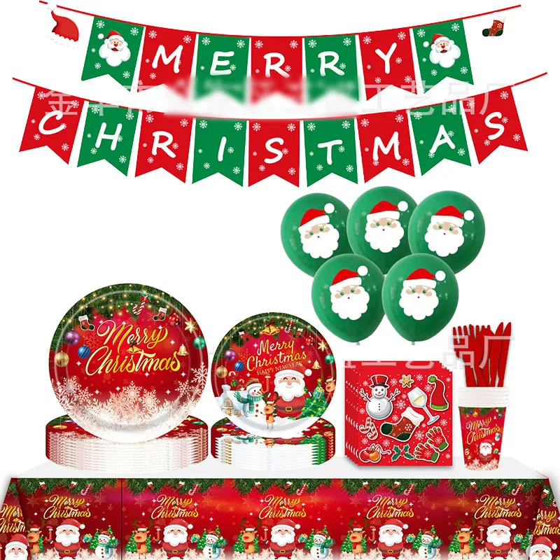 

2022 New Christmas Santa Claus Snowflake Birthday Celebration Party Decoration Supplies Disposable Tableware Banner Balloon Gift