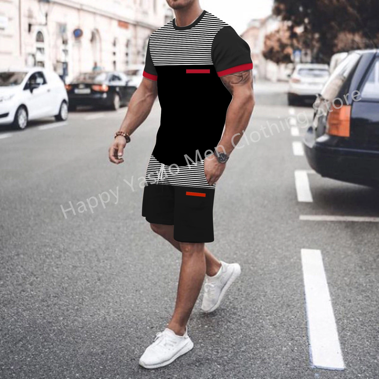 2023 Summer Men's Casual Sportswear 3D Patterned Men's Sportswear 2-piece Short Sleeve Street Fashion T-shirt Set Oversized