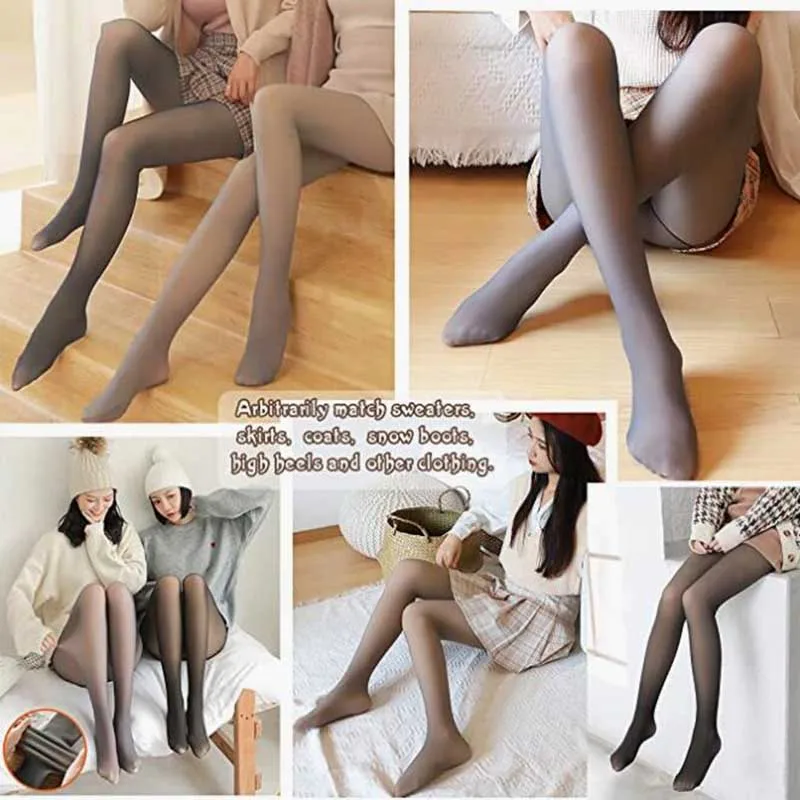 

2022 Fashion Fake Translucent Thermal Pantyhose High Waist Stretchy Winter Warm Sheer Leggings Women Fleece Lined Tights