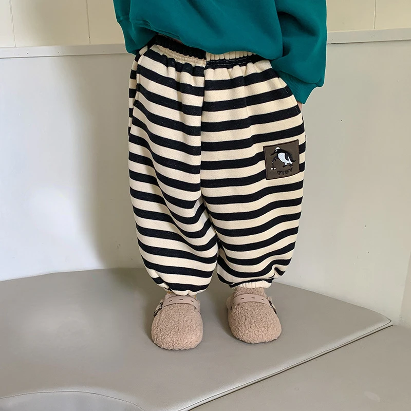 

Kids striped sweatpants Autumn Winter Children Plush Velvet Trousers Boys and Girls warm loose sports pants