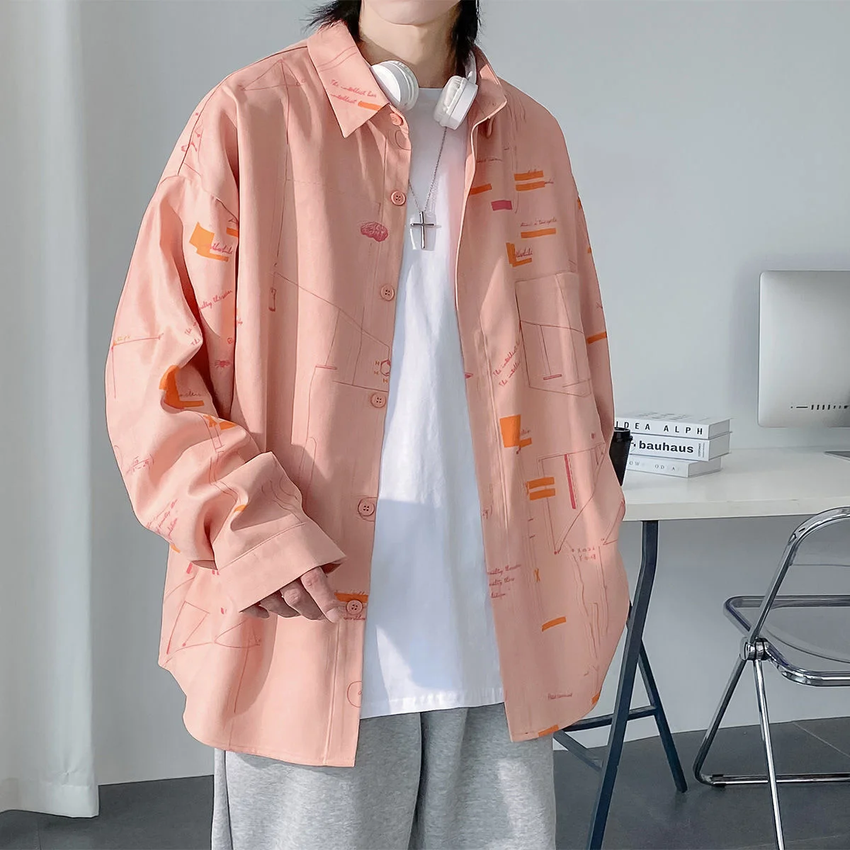 

Loose Long Sleeve Shirts for Men Printed Simple Graffiti Casual All-match Fashion Lapel Outer Wear Bottoming Shirt Men's Clothes