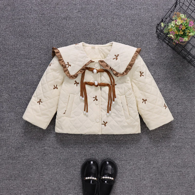 Милое Хлопковое Зимнее Пальто Для Девочек С Большим Воротником Кружевным Бантом