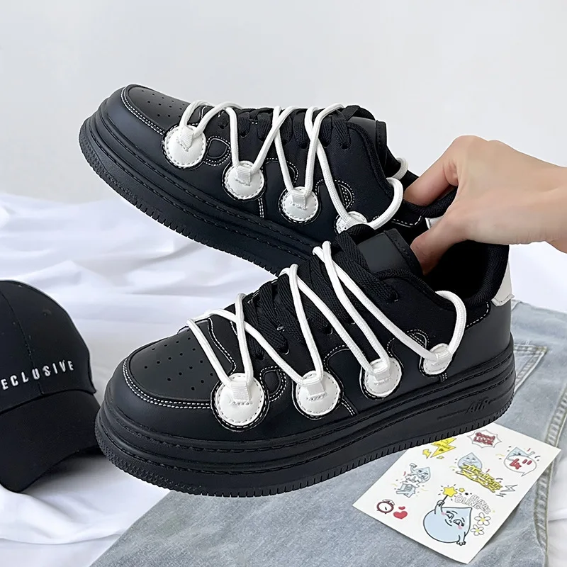 

Men's Shoes 2022 Couples Black Thick Soles with High Straps with Sneakers Low Top Comfortable Casual Running Shoe