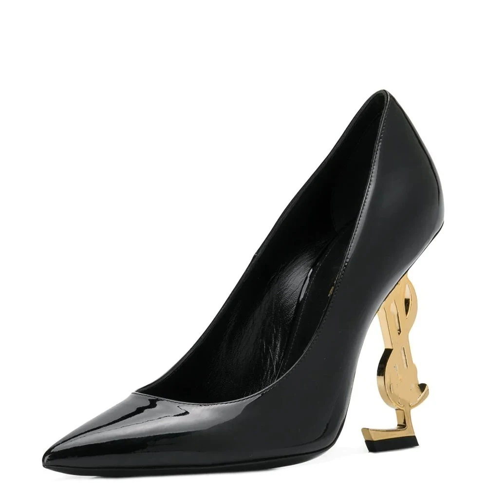 

Logo-Heel Leather Pumps Shoes Size 33 Branded Insole Women Black Genuine Leather Featuring 70mm 85mm 110mm Metal Gold Heels