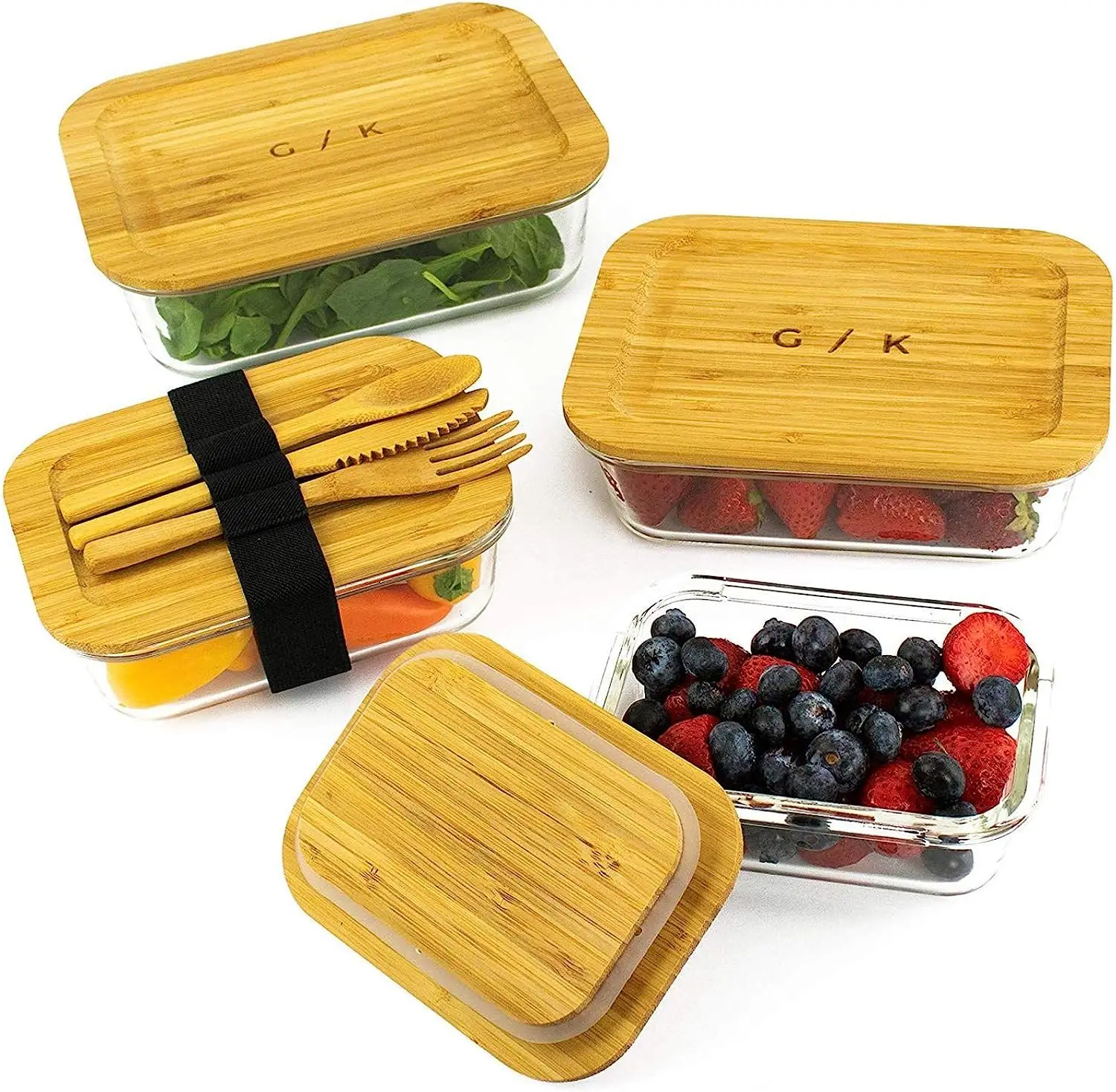 

A set of 4 containers for storing food, borosilicate glass, stackable bamboo covers in 4 sizes