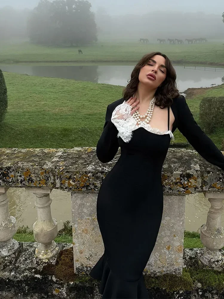 Осеннее винтажное бархатное черное платье для женщин шикарное облегающее