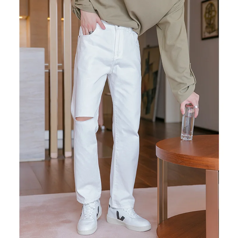 Streetwear Men 2022 New Pattern Vintage Recreational Black Pants Straight Cylinder Comfortable Loose Ripped Jeans Autumn Female