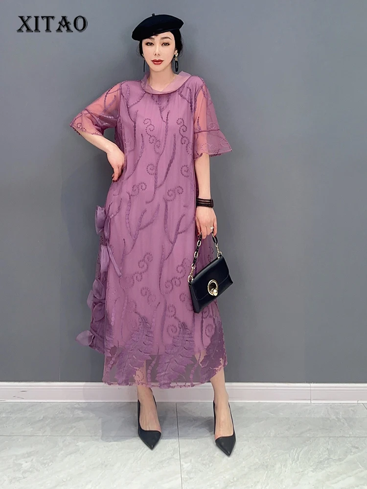

XITAO Mesh Dress Fashion Women Goddess Fan Casual Style Loose Embroidery Minority Elegant Pullover Dress 2023 Summer WLD16158