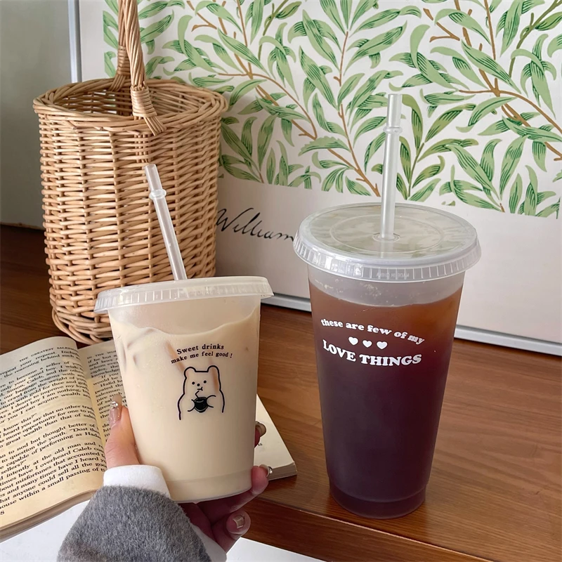 

Cold Water Bottle Plastic Cute Kawaii Coffee Juice Milk Tea Cups with Lid Straw 480/700ML Summer Transparent Portable Drinking
