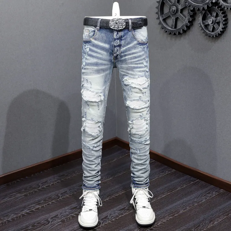 

High Street Fashion Men Jeans Retro Blue Stretch Skinny Fit Ripped Jeans Men White Leather Patched Designer Hip Hop Brand Pants