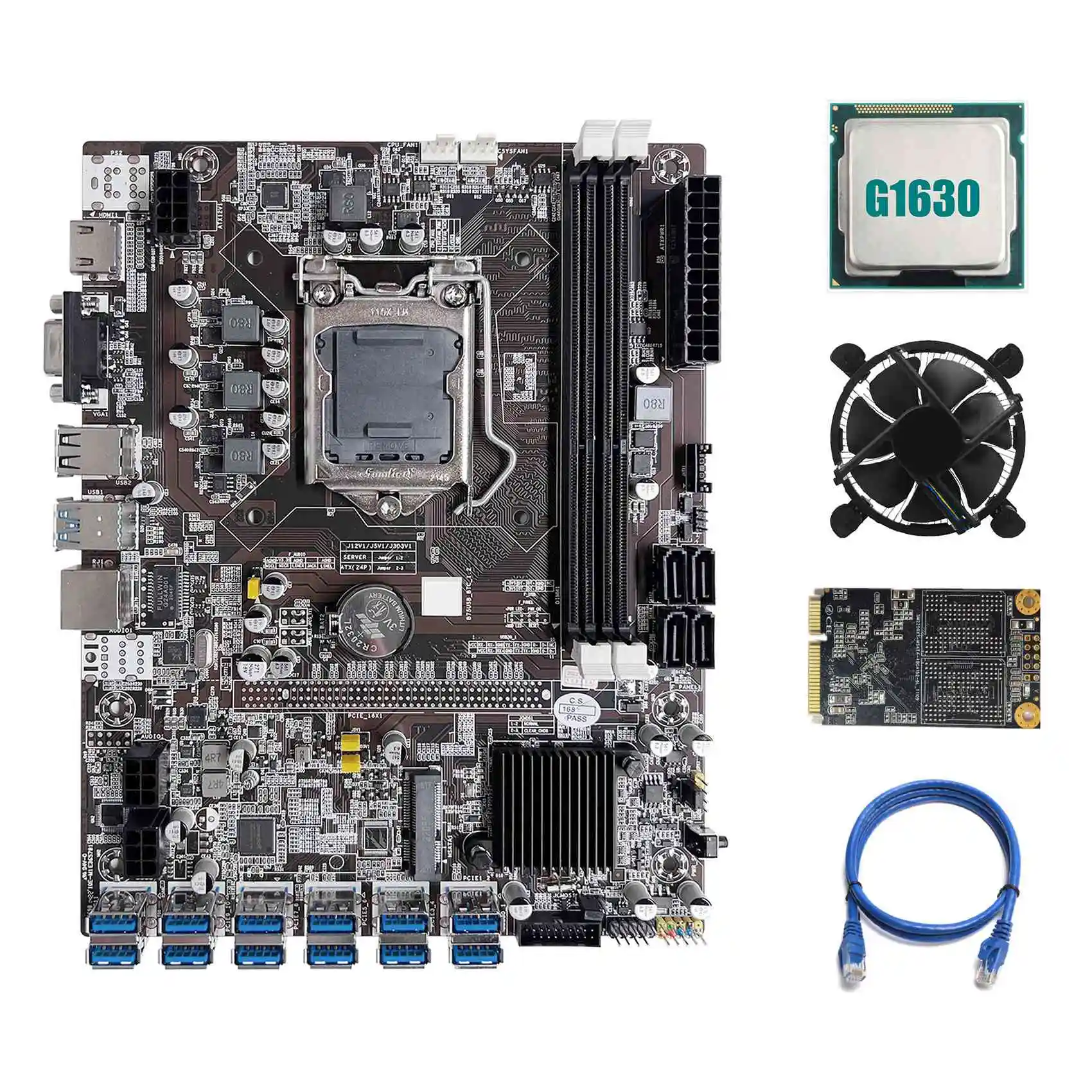 

Материнская плата B75 ETH для майнинга с 12 PCIE на USB LGA1155 с процессором G1630 + MSATA SSD 64 ГБ + охлаждающий вентилятор + сетевой кабель RJ45