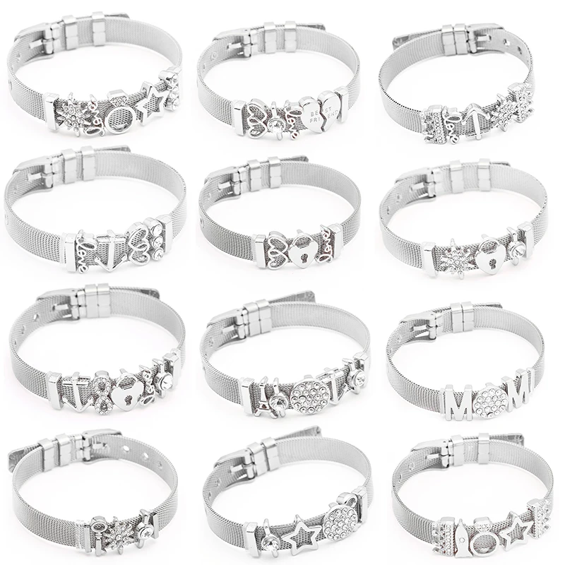 

TOGORY Jewelry Silver Color Stainless Steel Mesh Bracelets Bangles with Love Heart Slide Charms Bracelets for Women Lover Gift