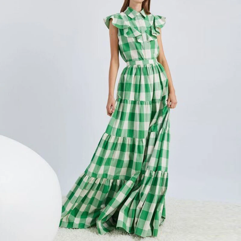 

Elegant Sweet Ruffles Vocation Dresses Women 2023 Sleeveless A-Line Dress Summer Casual Plaid Print Buttoned Beach Maxi Dresses