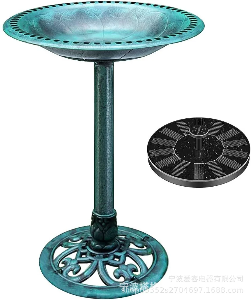 Polyresin Antique Outdoor Blue Garden Bird Bath and Solar Powered Round Pond Fountain Combo Set