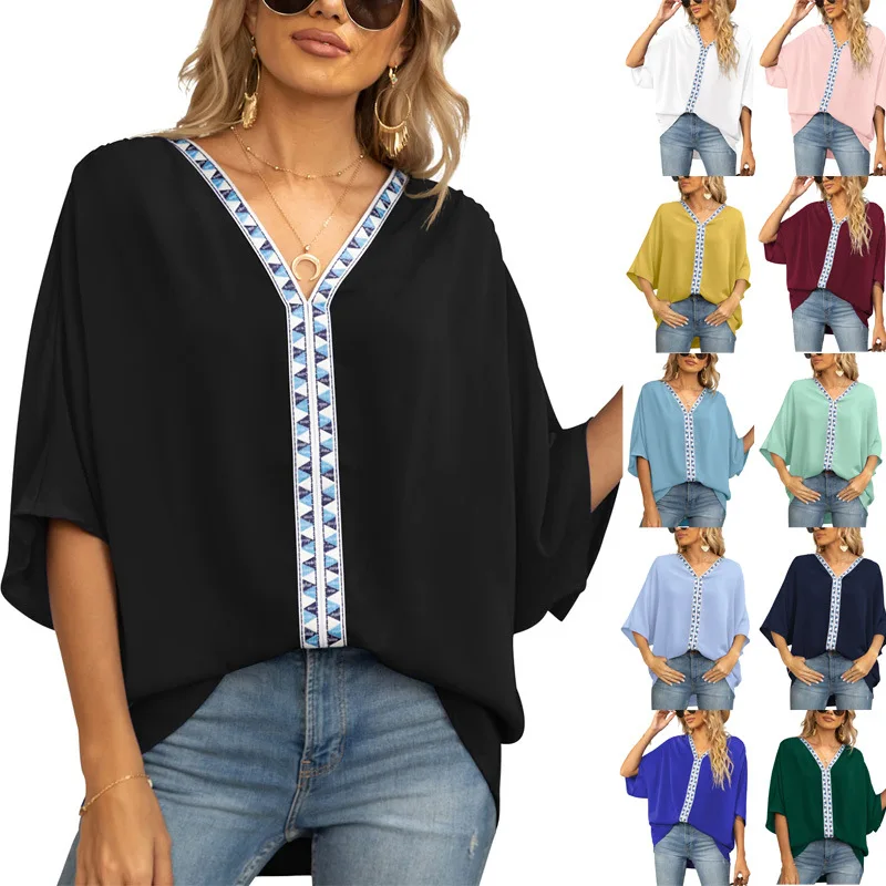 Free Shipping New Women's Loose V Neck Shirts Casual Simple Commuter Professional Tops Short Sleeve Chiffon Shirts Batman Sleeve