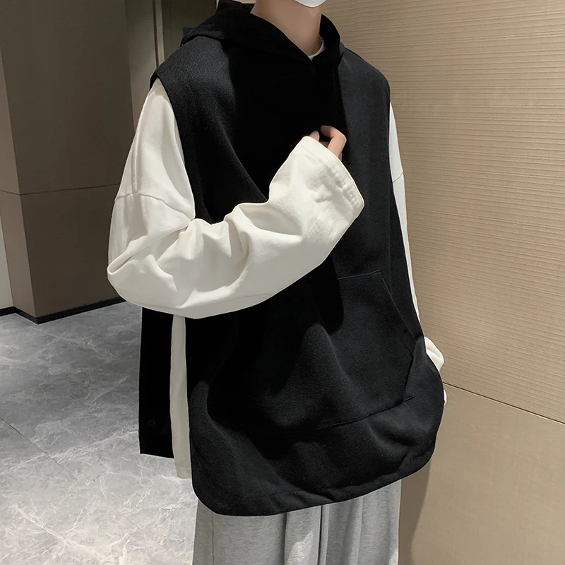 

Split side breasted hooded sweater vest men's autumn pullover loose solid color versatile original style jacket