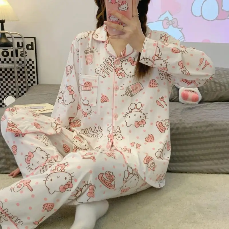 

Хлопковая пижама Hello Kitty с мультяшным рисунком, женские модели на весну и осень, женский простой Свободный Повседневный костюм с длинными рукавами для дома