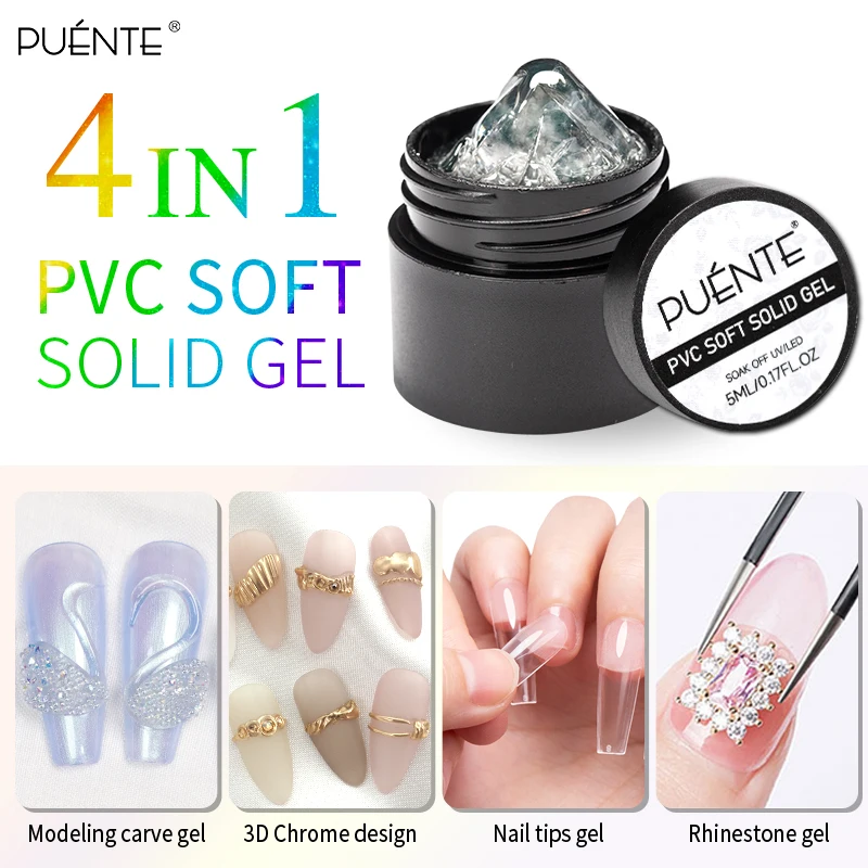 PUENTE 4 In 1 PVC Soft Solid Gel 5ML Stereo Modeling Carve Gel Soak Off UV LED 3D Sculpture Transparent Color Hard Nail Art Gel