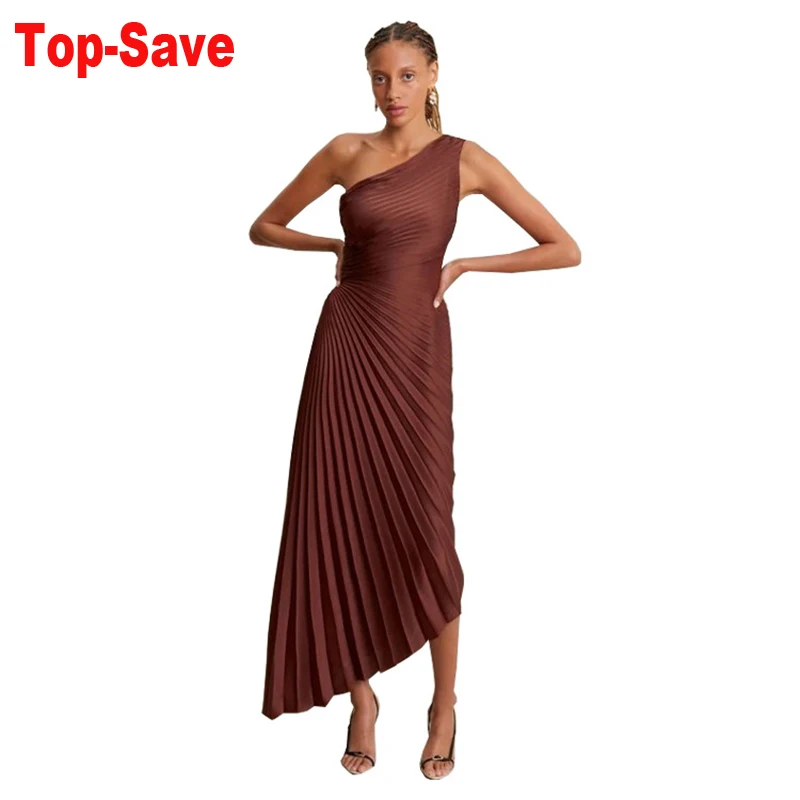 

Fashion One Shoulder Pleated Satin Dress Sleeveless Draped Prom Dress 2023 Summer Fall Women Elegant Y2K Formal Occasion Vestido
