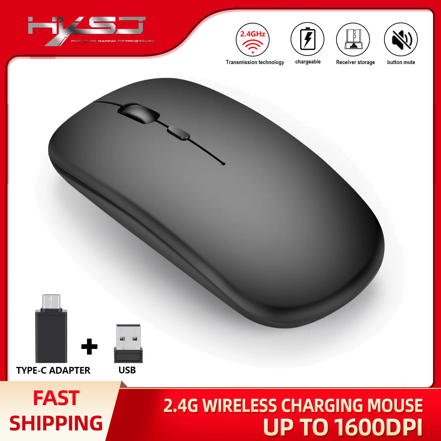 

Rechargeable 2.4G Wireless Mouse Optical Ultra-thin Portable Silent Mice 4 Buttons 1600DPI With TYPE-C For Office Home PC Gamer