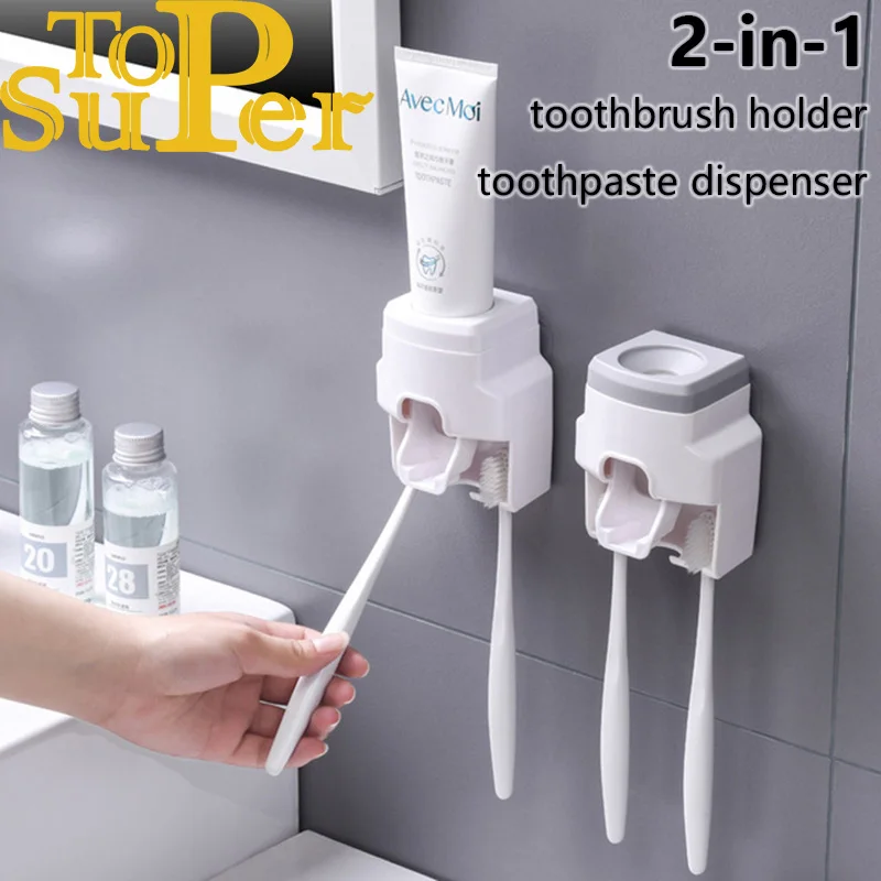 

Toothbrush Holder Set Toothpaste Dispenser Wall Mount Stand Bathroom Accessories Set Rolling Automatic Squeezer Family Hygienic