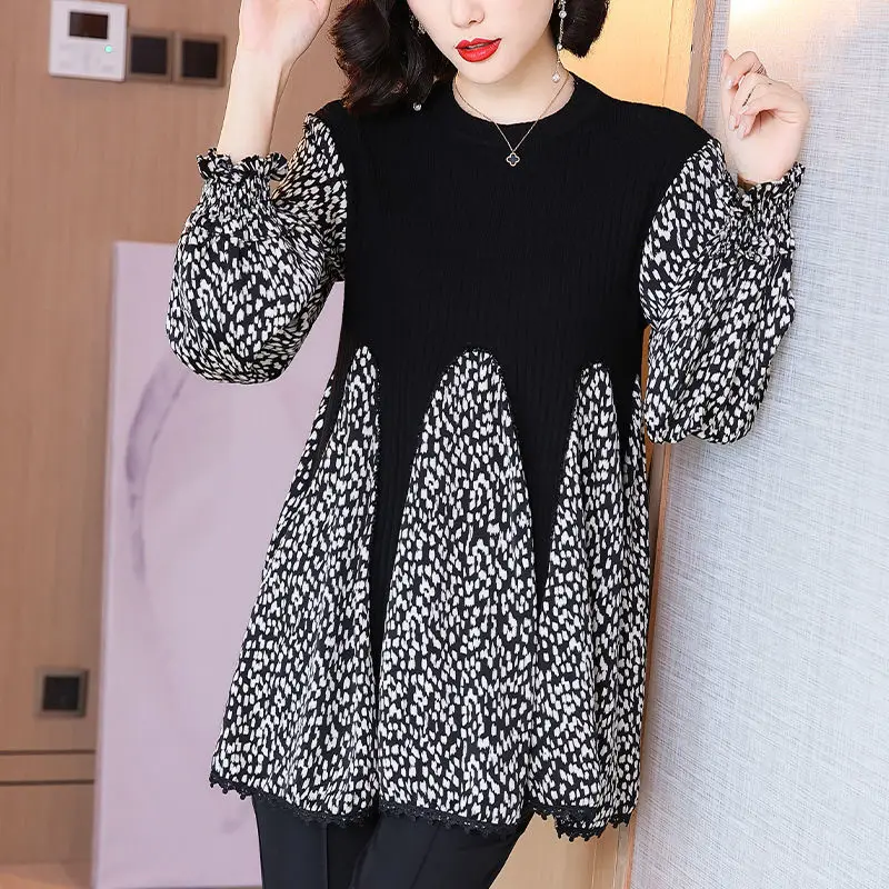 Casual Patchwork Korean Trend Popularity Leisure Women's Clothing Spring Autumn T-Shirts Loose O-neck Long Sleeved Polka Dot Top