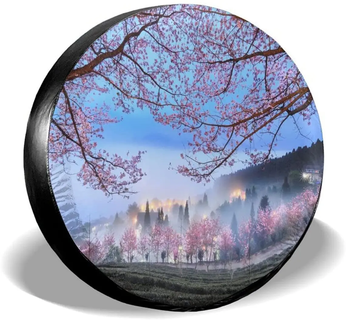 

Village Under Cherry Blossoms Spare Tire Cover Universal Sunscreen Wheel Covers For Jeep Trailer Rv Suv Truck And Many Vehicle