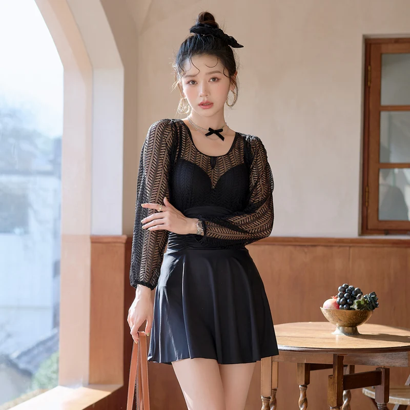 

One Piece Women Plus Size Swimwear Swimsuit Solid Black Long Sleeve Beach Wear Bathing Suits Swimdress Mesh Sexy 2022 New