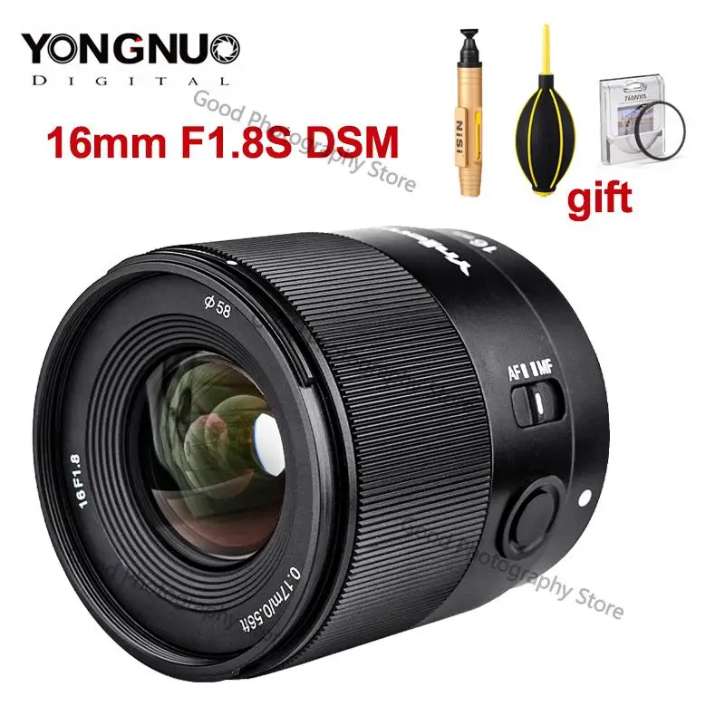 

Объектив камеры YONGNUO 16 мм F1.8S DA DSM с большой диафрагмой, широкоугольный объектив AF APS-C для Sony E Mount Camera для фотосъемки