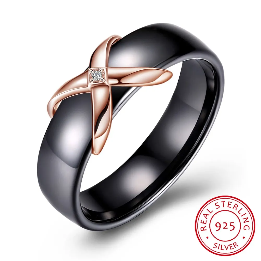 

Black Ceramic Ring Stylish Minimalist Tri-color Sterling Silver Ring