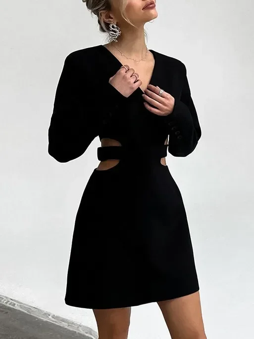 Женское ажурное платье с V-образным вырезом маленькое черное офисное