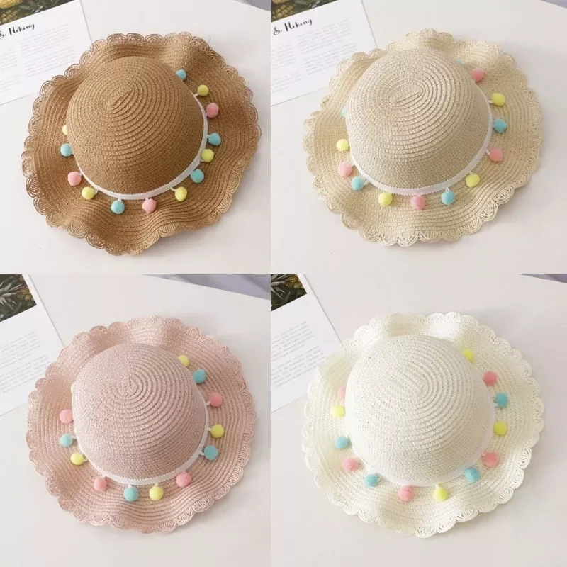 

Children's Girls Large Wide-brimmed Beach Hats Straw Woven Sunscreen Hat Color Pompom Ball Summer Floppy Cool Cap