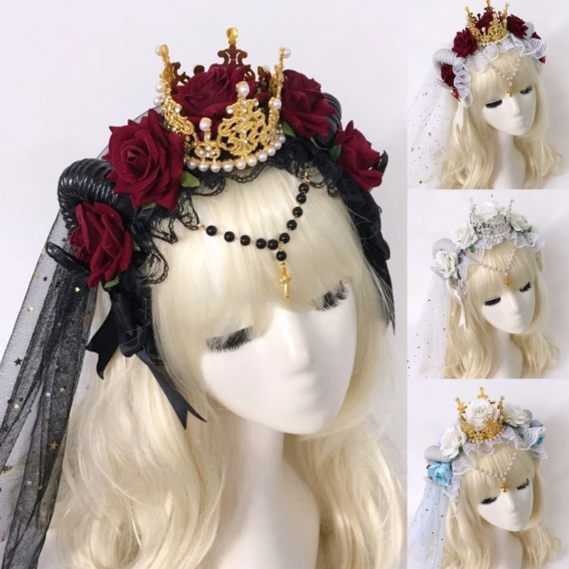 

Gothic Sheep Horn Rose Flower Headband Lace & Tiara Decor Headpiece Headdress Fancy Headwear Cosplay Hair Accessories T8NB