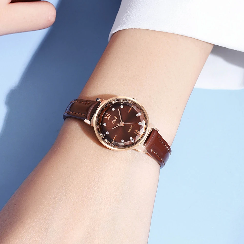 GEDI Retro Fashion Quartz Women Watches Brown Leather Strap Vintage Luxury Diamond Waterproof Ladies Wrist Watches Dropshipping