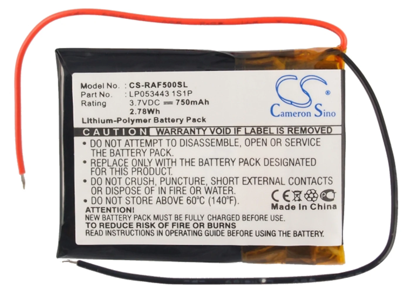 

Cameron Sino 750mA Battery for RAC 5000 WIDE LP053443 1S1P