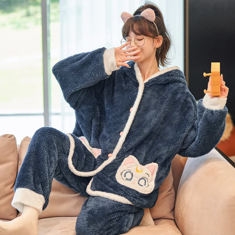 FUNISHI Winter Pajamas Inspissate pijama mujer Plush Women's pajamas Loose Version Hooded Pajama Set Plus Size 3XL Cartoon