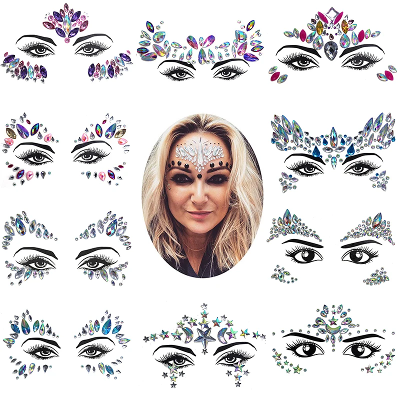 DIY 3D Shiny Crystal Face Sticker Tattoo Music Festival Rhinestone Eyebrow Tattoo Sticker Carnival Party Face Decoration Jewels images - 6