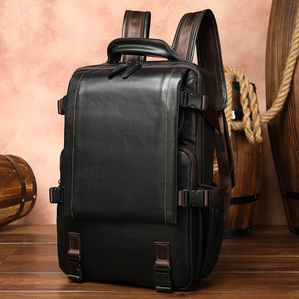 

High Quality Genuine Leather Men Backpack For Teenage Boy 15.6" Laptop Bag School Backpack New Male Travel Backpacks