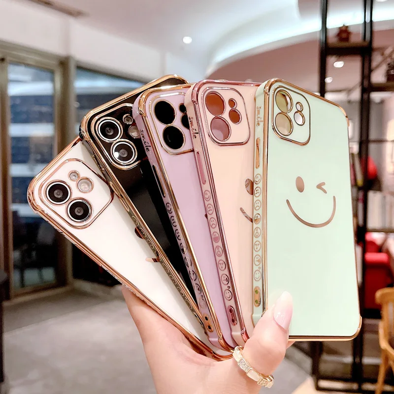 

Luxury Phone Case For iPhone 13 12 11 Pro X XR XS Max 7 8 Plus SE 2 Electroplated Smile Face Cute Side Pattern Soft TPU Case