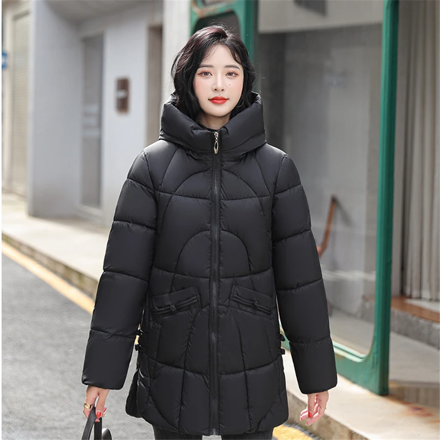 Loose Winter Hooded Down Cotton Mid-length Coat Thicken Women Warm Parka Oversized Windbreaker Outwear Casual Chic Snow Jacket
