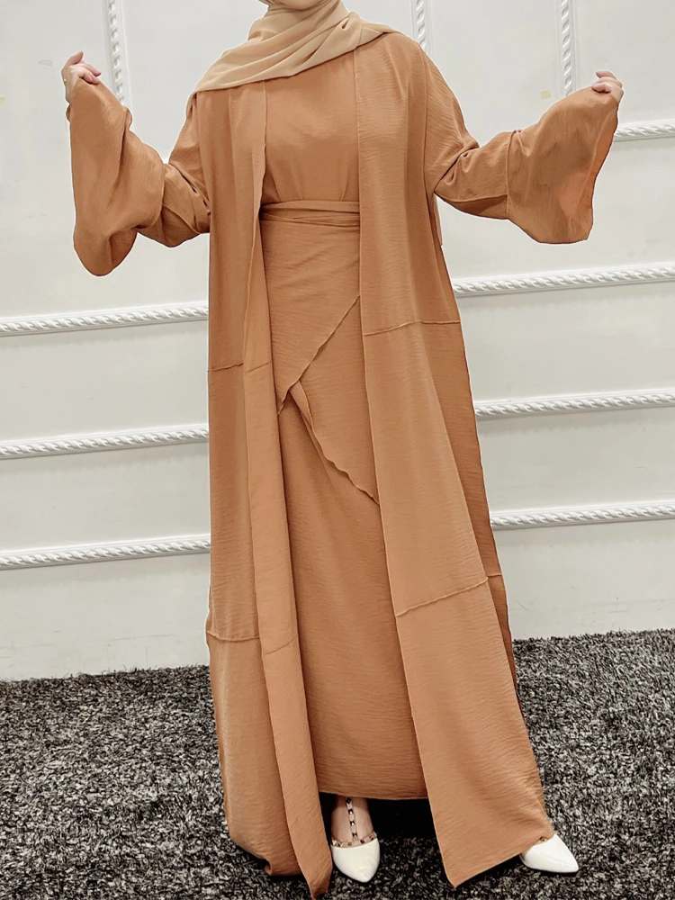Abaya Dubai Turkey Muslim Hijab Dress Long Sleeve Open Abaya + Apron + Inner Dress Ensemble Femme Musulmane Islamic Clothing