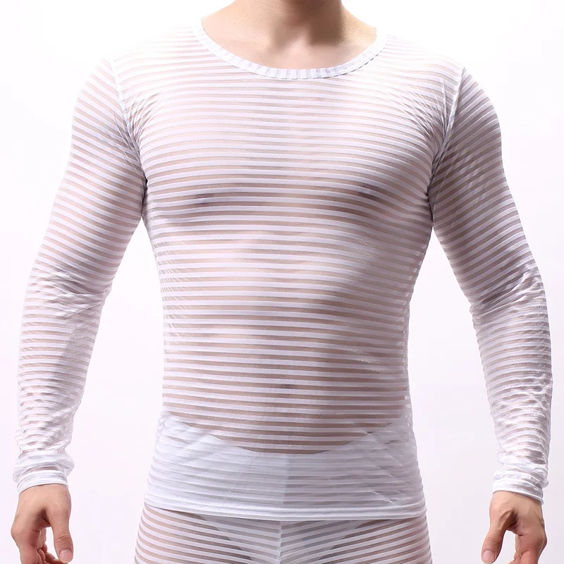 Sexy Mens Undershirts Long Sleeve T-Shirts Transparent Mesh Sleepwear See Through Nightwear Striped Tops Tees Sexy Underwear Tee