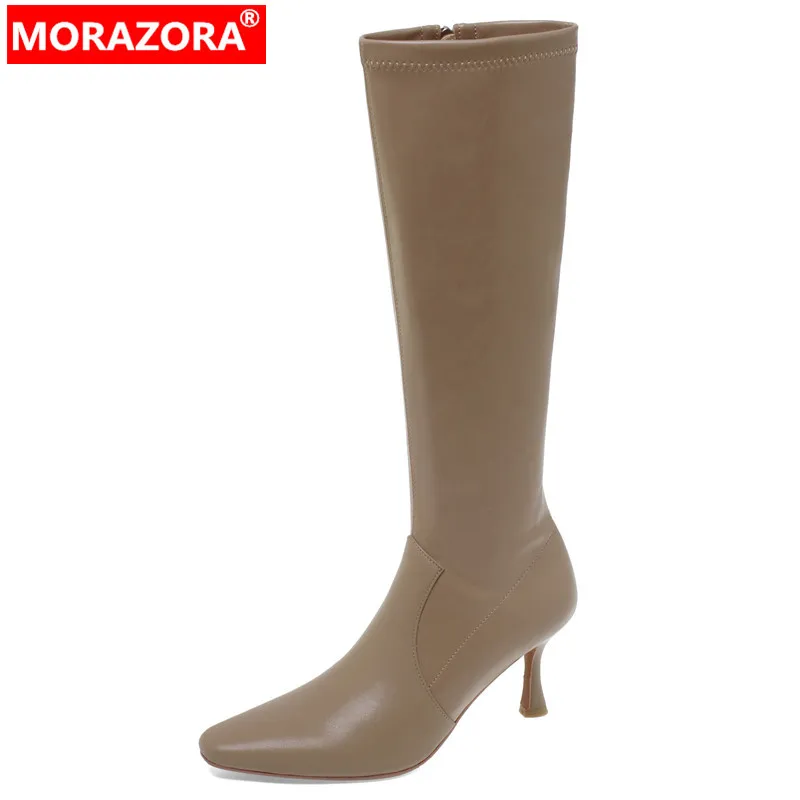 

MORAZORA 2023 New Concise Ladies Zipper Knee High Boots Genuine Leather Winter Boots Women Thin High Heels Modern Boots